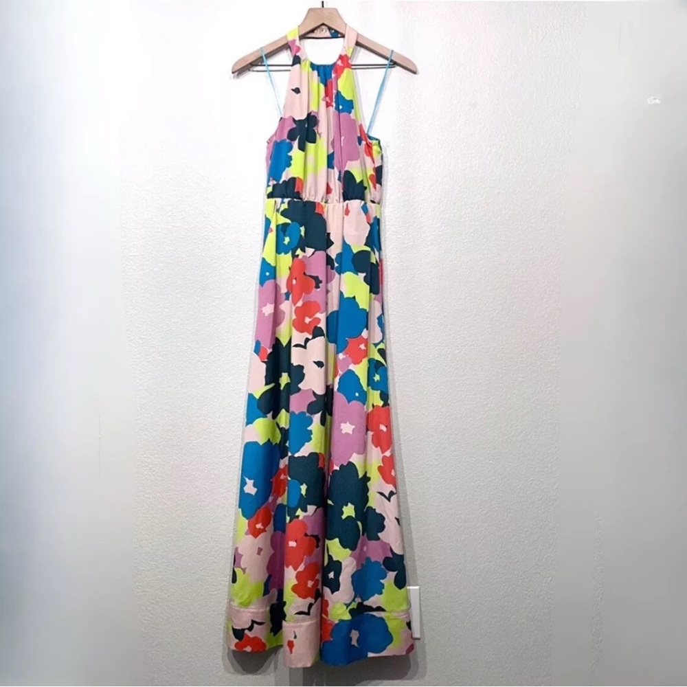 Jessica Simpson Halter Maxi Dress in Pink, Blue, Yellow & Green - Picture 2 of 9